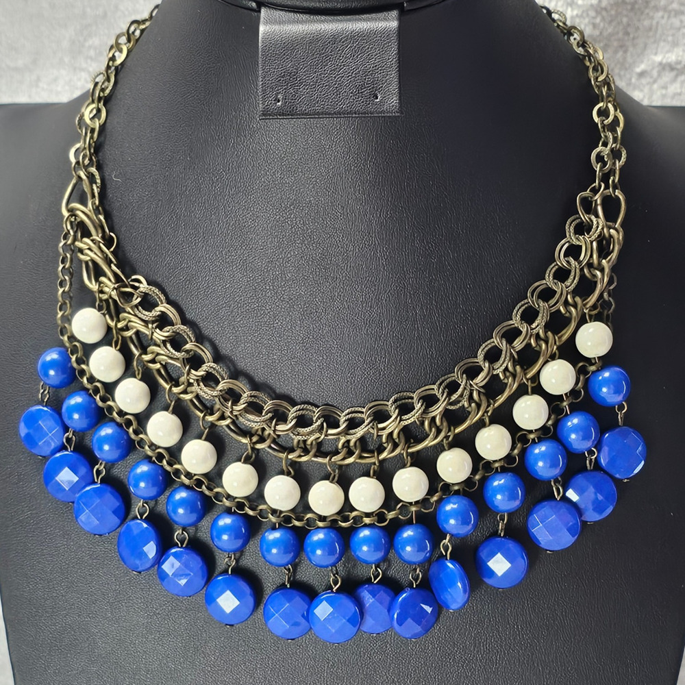 Nordstrom Brass Multi Chain Bib Necklace Royal Blue White Bead Statement 2010s
